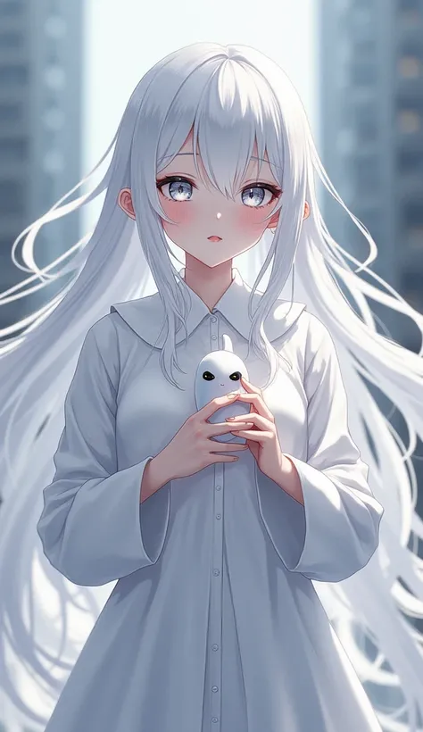  anime character with white hair and a white shirt with a white object, Anime style. 8 k,  anime cover , Pin on anime, Khrushchevka in the background, из Girls Frontline, in the anime , in the anime  шедевре, thick, Fate Grand Order, , 8 k anime,  Girls Fr...