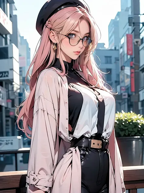 4k, photorealistic, ultra-detailed, extremely detailed eyes, extremely detailed face, fashion dress, pink trench coat, french beret, black pants with belt, long hair, in city, pink hair, purple eyes, Yae Miko, trendy sunglasses