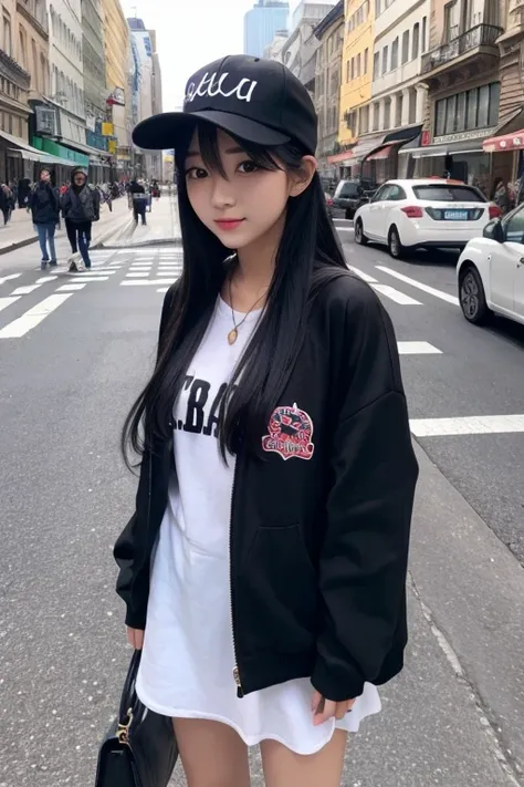  pretty girl、 street style with the letters NOCHU、 long black hair 、Black Cap