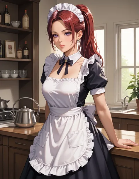 masterpiece,(best quality, illustration,detailed face:1.3),(1girl,solo:1.3),beautiful detailed eyes,  apron, gradient_background, gradient, maid, purple eyes,red hair,,, BREAK, enmaided, white_apron, black_dress, ponytail, black_footwear, frilled_apron, dr...