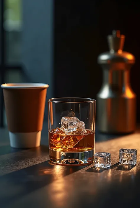 an image with a whiskey glass with ice,  very attractive very striking , with the following sentence: Delivery cup "  and with the phrase below :  whiskey glass wherever you are 