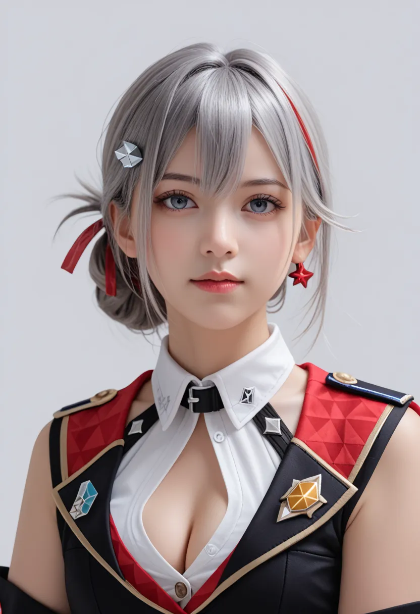  hair ornament, hairpin, silver hairpin, black detached sleeves, black hand sleeves, red shoulder cutout, white collared shirt, unbuttoned shirt, gloves, cleavage, cleavage cutout, clothing cutout, topaz honkai star rail, photorealistic portrait, HD 8K, de...