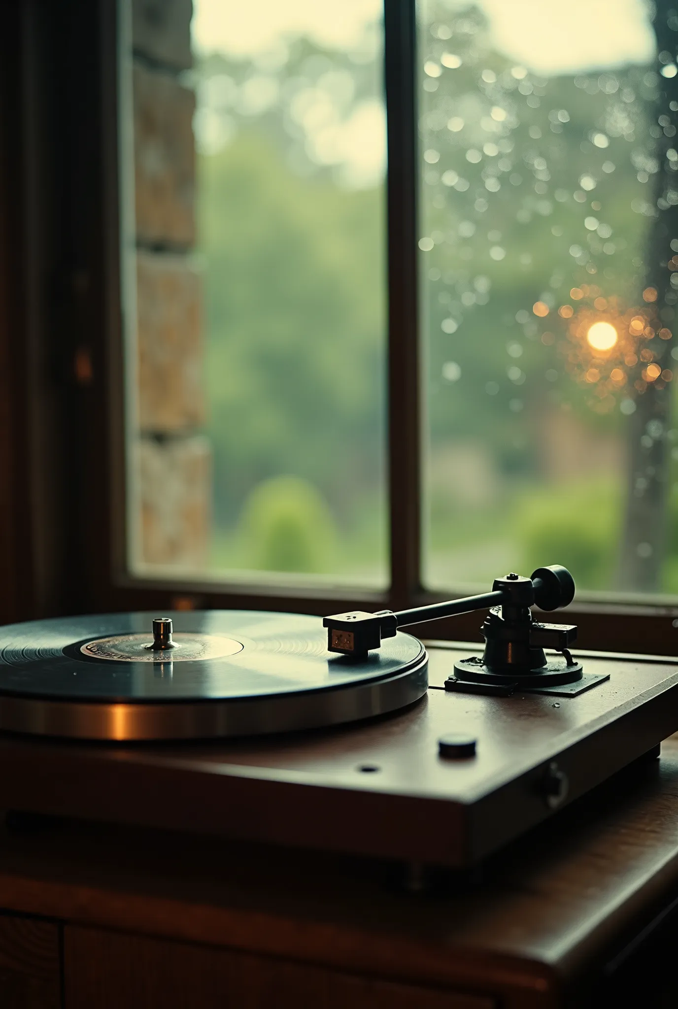 product photography, scenery, no human, photo of a vintage record player, indoor, light from window, raindrops on window, wong kar-wai movie style