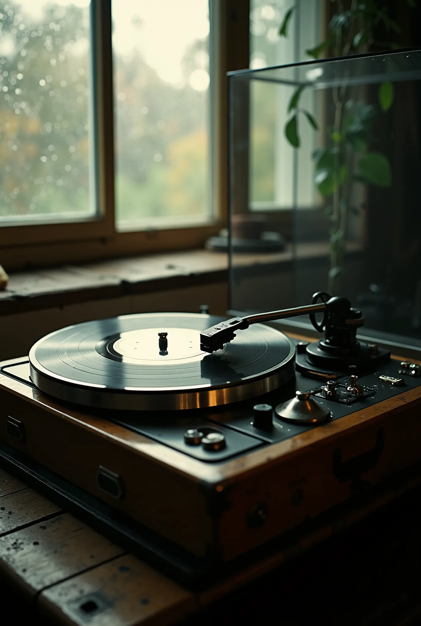 product photography, scenery, no human, photo of a vintage record player, indoor, light from window, raindrops on window, wong kar-wai movie style