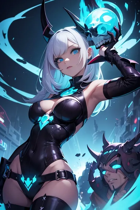 A close-up of a cartoon character holding a skull, holy cyborg necromancer girl, monstergirl, rossdraws and jazza, style of duelyst, jazza and rossdraws, lucio as a woman, rossdraws cartoon vibrant, wlop rossdraws, dark witch character, mechanized witch gi...