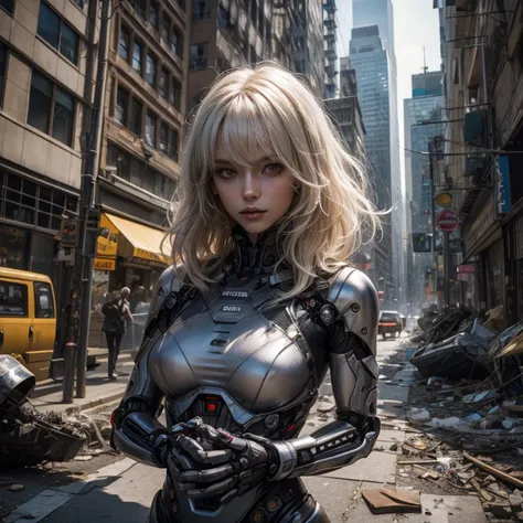 Platinum blonde woman robotic destroyed city Super realistic well detailed