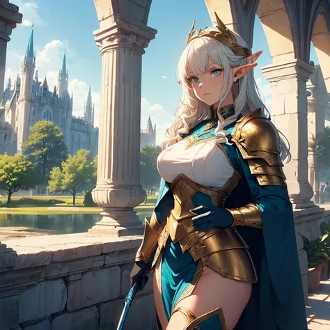 Masterpiece, HD, High Resolution, High Quality, Best Quality, Super Detailed. Solo character alone. Fantasy art.
{{(a 1000-years-old female-Elf-noble:(appearance: golden-curly-hair. Pale-skin. Beautiful-blue-eyes. Beautiful face. Serious relaxed expression...