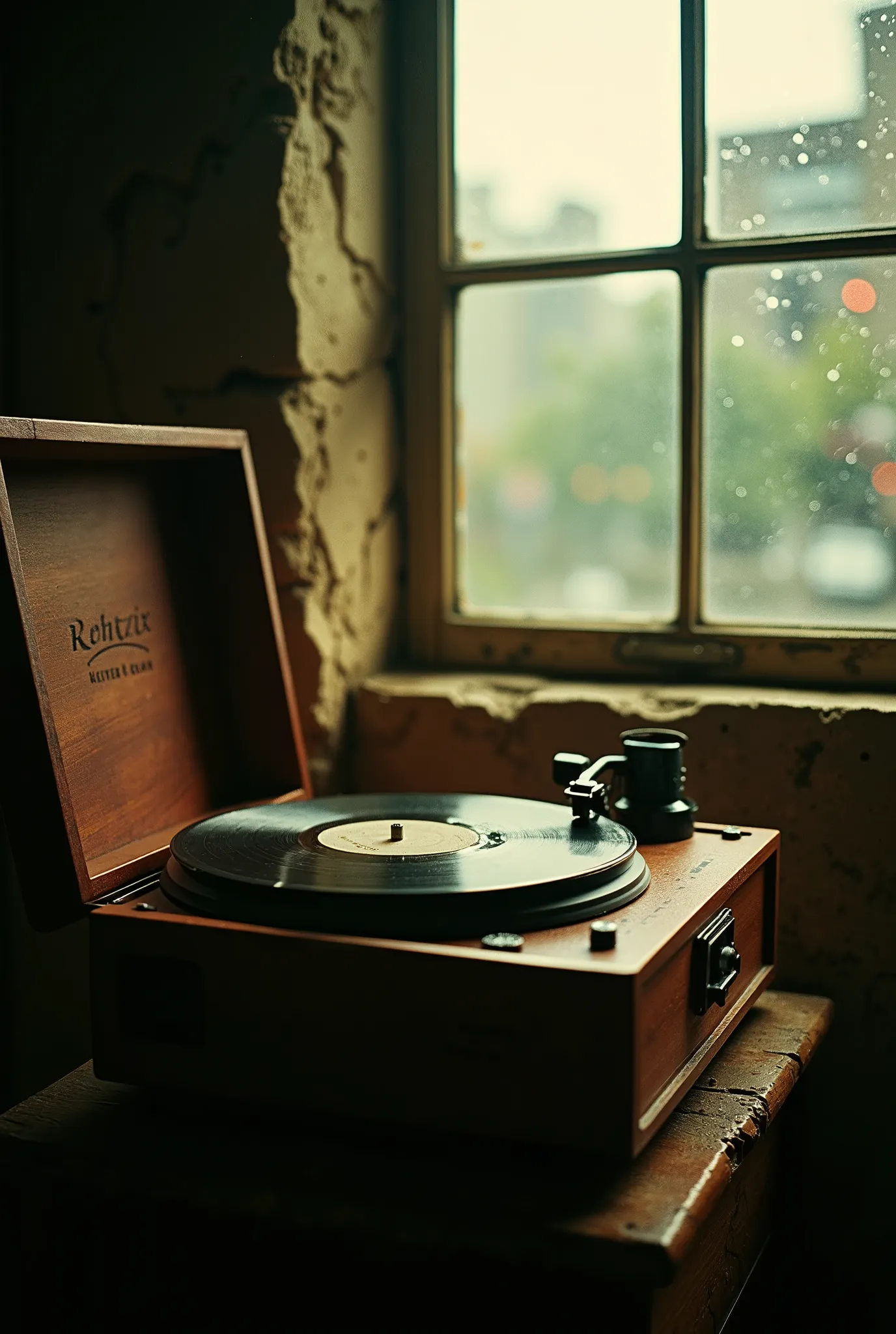 product photography, scenery, no human, photo of a vintage record player, indoor, light from window, raindrops on window, wong kar-wai movie style