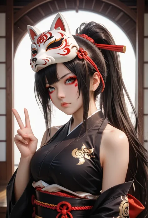 15-year-old student, 1若い girl, Very beautiful, Sparkle,1 girl,Alone,Fox Mask Template,Ninja clothing, japanese clothes,black, bare shoulders. girl, Long straight hair, 赤いハイライトのblack髪, bangs,  ponytail, Fox Mask Template is on the head., Beautiful Makeup,  ...