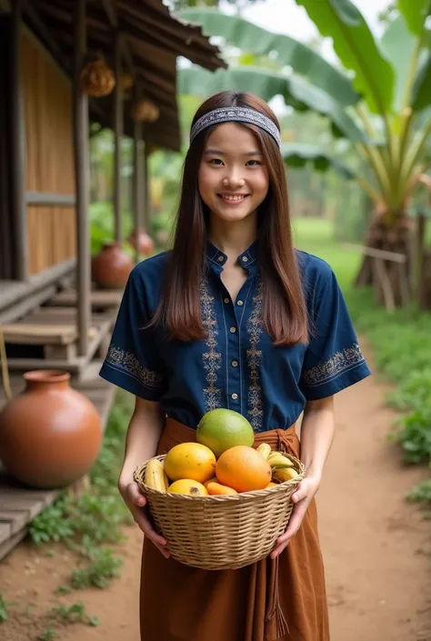 asian girl 18 years,

A beautiful Thai model with long, straight brown hair styled naturally, adorned with a traditional headband featuring intricate Thai textile patterns. She is wearing a Mauhom shirt for women—a deep indigo-dyed top with short sleeves a...