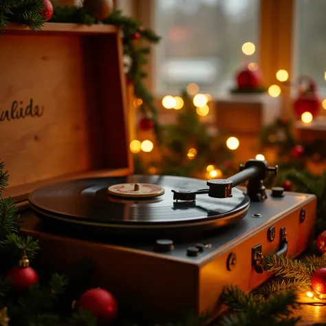 close up of Vintage Record Player, In the festive atmosphere, vintage record players are adorned with festive lights and decorations. The record player is playing holiday music, adding a retro touch to the celebration