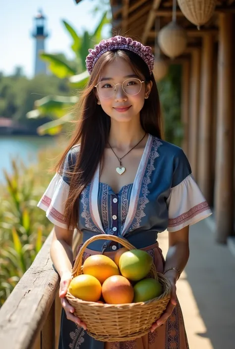 asian girl 18 years,
A young Asian woman enjoying a sunny day by the ocean, a soft smile and look at viewer. The wind blows her hair. big breasts, featuring a white with pink borders, adding a playful contrast. Her casual hairstyle is held by a checkered s...