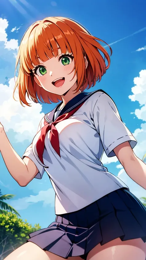 solo, 
Short, pixie hair, fluffy hair, orange hair, blunt bangs, green eyes, medium breasts, japanese school uniform, open mouth, smile, 
summer, beach, splashing, from below, 
masterpiece, best quality, absurdres,