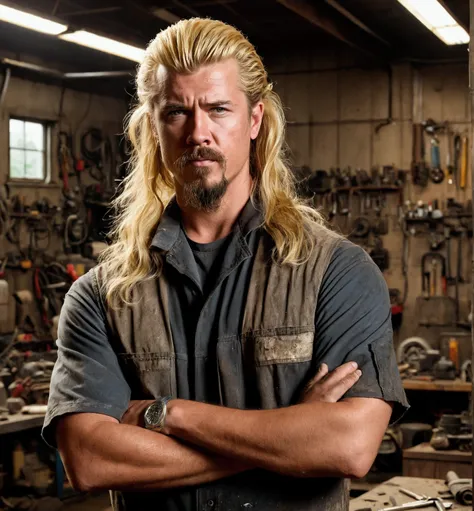 Draw a mechanic with a blonde mullet and a goatee who is a little dirty and has a stupid attitude with a workshop in the background