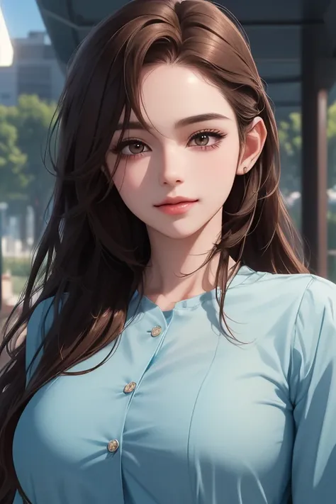 (front view), upper body, smile (best quality, ((masterpiece)), Detailed Eyes, 8K resolution, cinematic lighting,digital art,detailed clothes,Semi-realistic, ultra detailed),((bangs, long hair, brown hair)) ((modern office blue shirts)), upstage,1 woman, k...