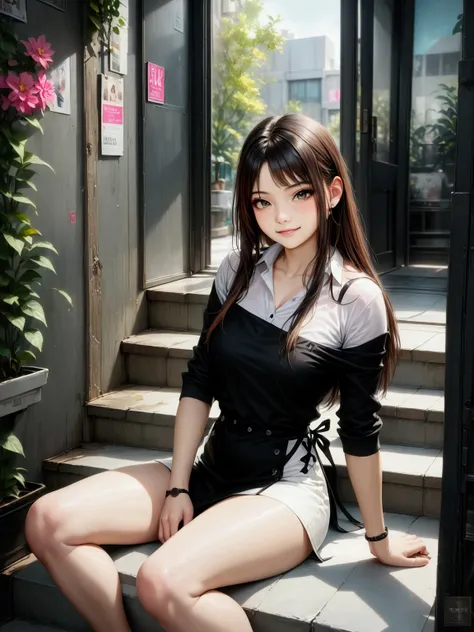 pretty college girl, sitting pose on stair garden, (+forehead, black straight hair), wearing white short sleeves collared shirt (+black trim sleeves), black dungarees, gray pencil mini skirt, BREAK, (1girl, solo, full body), (best quality,4k,8k,highres,mas...