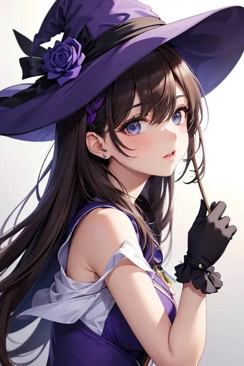  beautiful girl,  perfect face,  arms on both sides , masterpiece,  ultra high resolution,  High Quality , 4K,  upper body:1.5,  Lisa (genshin impact), urple witch hat, Green Eyes,  brown hair on the abdomen,  bangs,  dress,  Rose,  jewelry, witch,  capele...