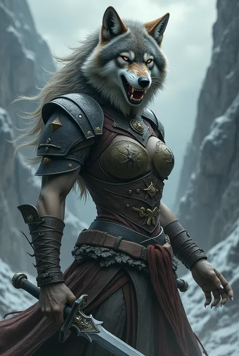 Female wolf with warriors face and sword