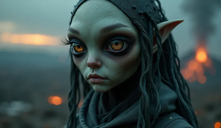 pretty face,eyebrow up,full body length, niobium ,swampy angry fairy,full body length shot,very beggar niobium graphite The Alien Entity, baby,starving after war,full body shot, of psychedelic style ,The iris looks weird, attractive, The stars in space is ...