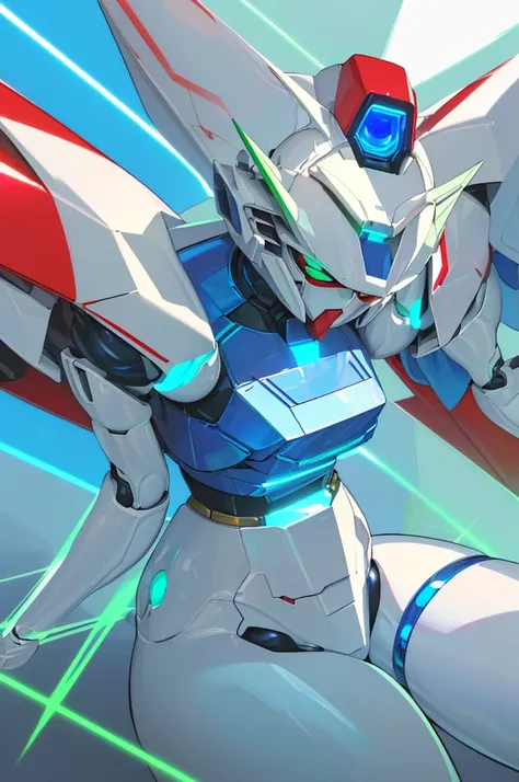 ((masterpiece)), ((best quality)), (high res), ((perfect anatomy)), ((perfect face)), ((giant robot)), ((mecha)), ((female-like bodyshape)), (slim body), (soft edges), ((femenine gundam)), ((metallic white body with blue and red metallic paint)), (green ey...