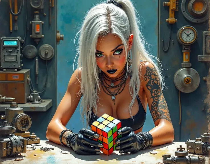 (FULL FOCUS!) Watercolor painting (drawing) of an adult woman (REPAIRING AN OLD, QUANTUM RUBIKS CUBE IN THE WORKSHOP). She has long white and black hair, playful green eyes, mini shorts, tanned skin, bold makeup, black metallic lips, black combat boots and...