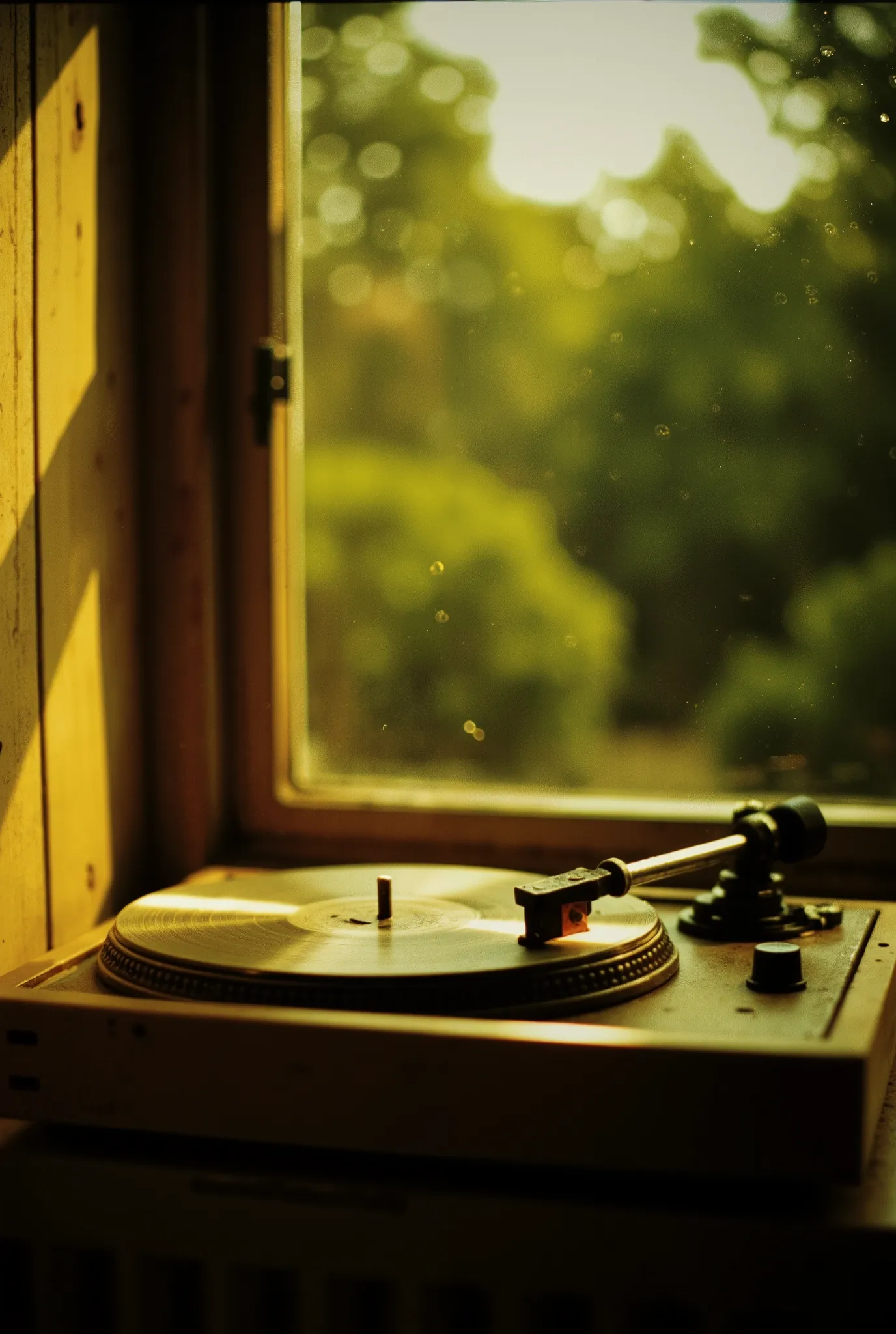 product photography, scenery, no human, photo of a vintage record player, indoor, light from window, raindrops on window, wong kar-wai movie style