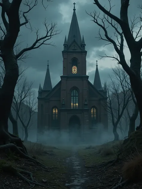 a halloween spooky version of this image of a church with trees in front