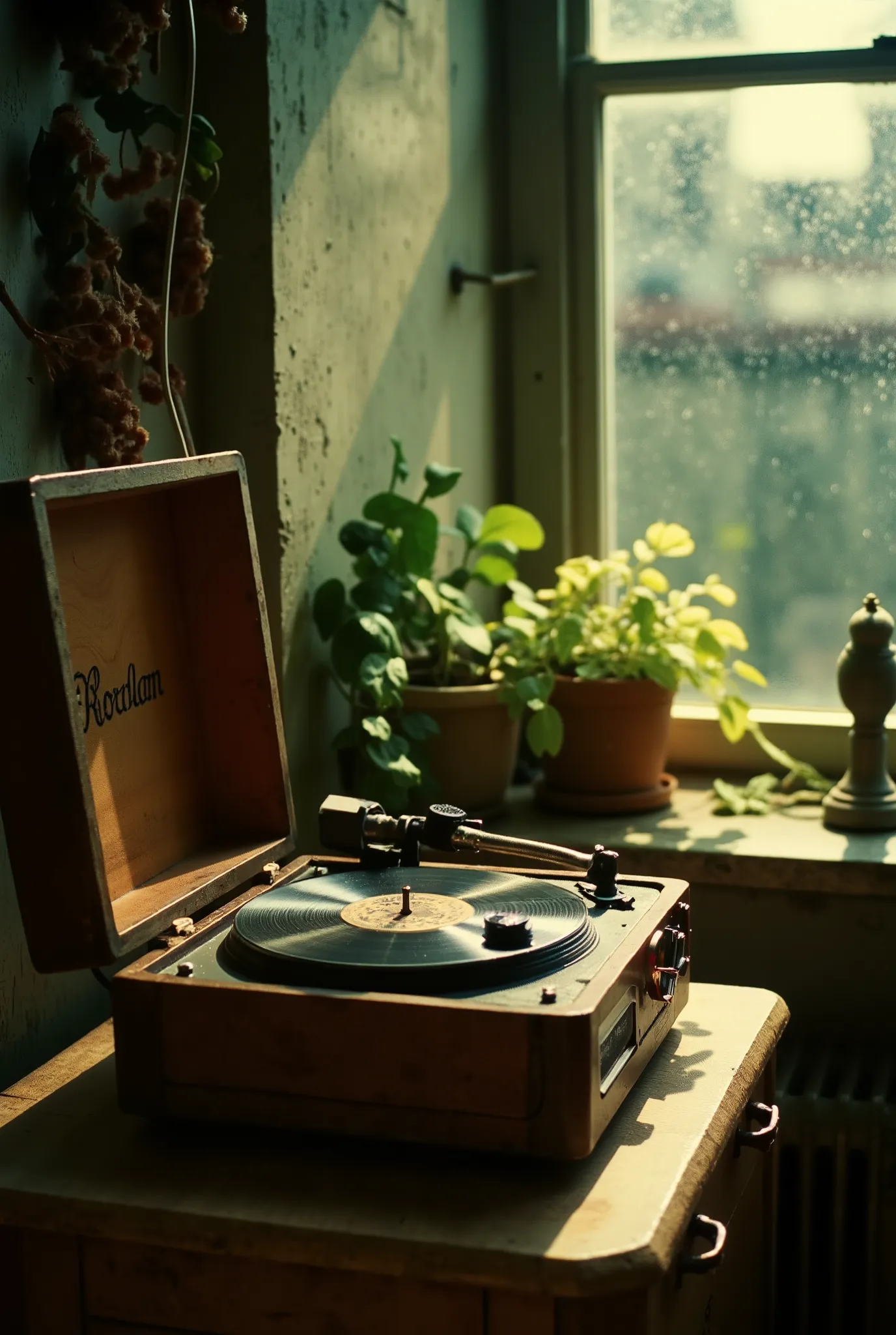 product photography, scenery, no human, photo of a vintage record player, indoor, light from window, raindrops on window, wong kar-wai movie style