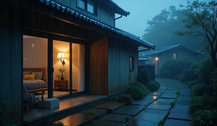 Highest quality、8K、Detailed facial depiction、Masterpiece、Highest quality、Sharp image quality、((close up)), Photo of an modern Japanese house and its surrounding village, zinc roof, bedroom interior light, blue light atmosphere, ((heavy rain))
