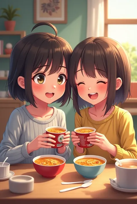 Two happy girls sitting eating instant soup