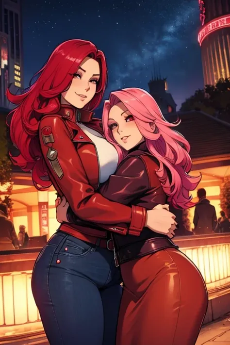 Two women. A red haired woman with red eyes and an hourglass figure in a cool leather jacket and jeans is hugging a pink haired woman with violet eyes with an hourglass figure in a leather jacket and a leather skirt in the park at night with big smiles