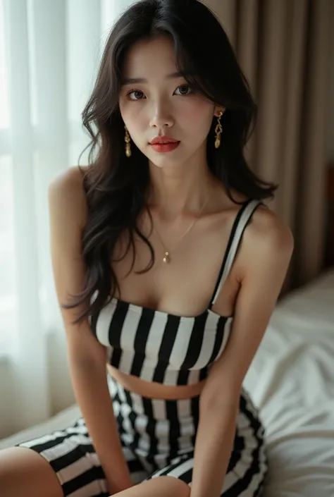 Image a Korean girl wearing a black stripped croped top and skirt on bed looks cute and looks sexy wearing earings 