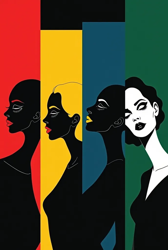 ２Ｄ illustration artwork ,  like a cosmetics advertisement , 4woman,  4 women are composed only of white and black, Female A has a red background ,  Female B's background is yellow ,  Female C's background is blue ,  Female D's background is green ,  black background\whole