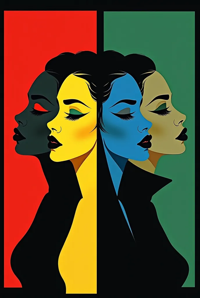 ２Ｄ illustration artwork ,  like a cosmetics advertisement , 4woman,  4 women are composed only of white and black, Female A has a red background ,  Female B's background is yellow ,  Female C's background is blue ,  Female D's background is green ,  black background\whole