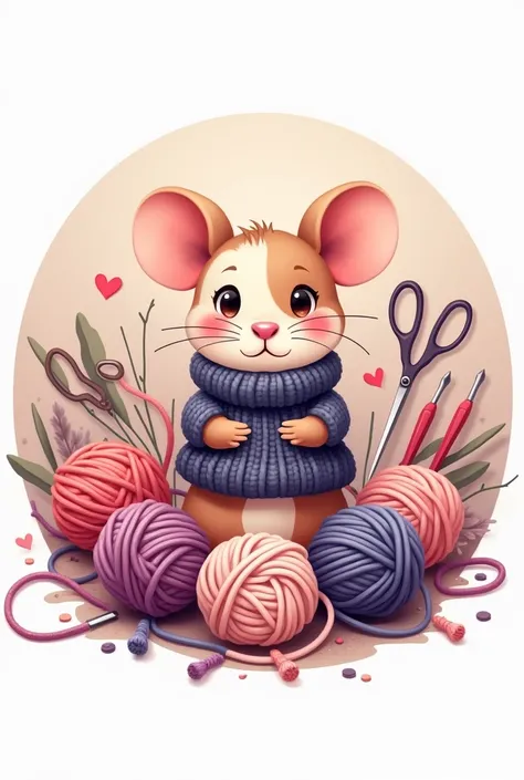 Circular logo for cute mouse cards with rolls of pink and purple wool that has two crochets, scissors and other things for knitting 