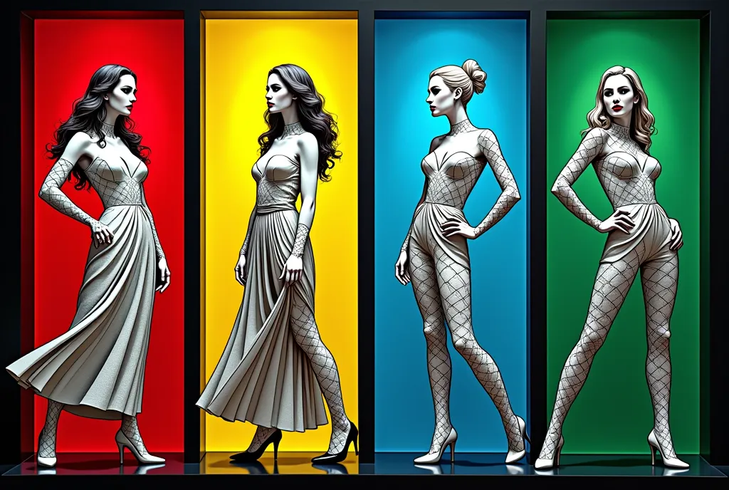 ２Ｄ illustration artwork ,  like a cosmetics advertisement , 4woman\4 highly illustrated \Like a paper cutout:1.3,  4 women are composed only of white and black, Female A has a red background ,  Female B's background is yellow ,  Female C's background is blue ,  Female D's background is green ,  women each pose in a stylish pose,  black background\whole