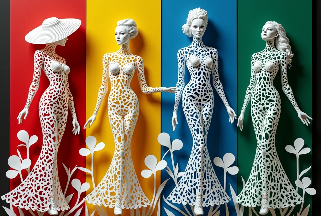 ２Ｄ illustration artwork ,  like a cosmetics advertisement , 4woman\4 highly illustrated \Like a paper cutout:1.3,  4 women are composed only of white and black, Female A has a red background ,  Female B's background is yellow ,  Female C's background is blue ,  Female D's background is green ,  women each pose in a stylish pose,  black background\whole