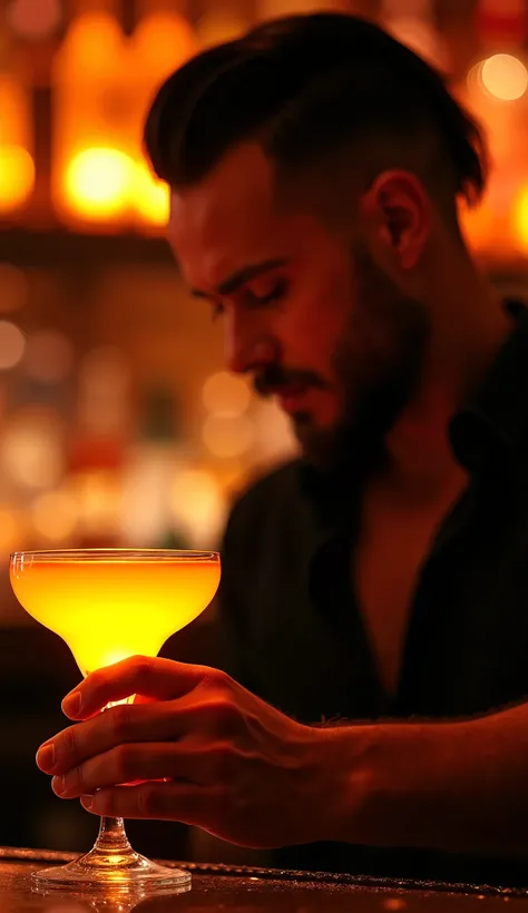 a beautiful bartender with black slick-back hair and a beard, serving a glowing cocktail under the soft orange lighting of a night bar, close-up portrait of the bartender and the cocktail with bokeh lighting effects, highly detailed, photorealistic, cinema...