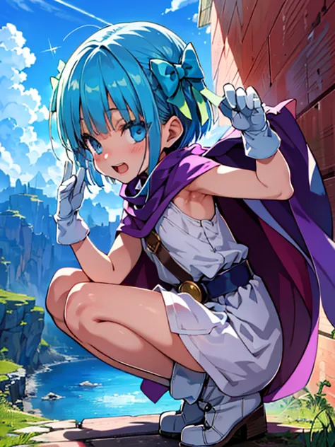 (from side:1.2), side boob,　 (leaning forward:1.2),　squatting, 

 one girl, {{{{ultra-high resolution}}}}, {{{hi-vision anime}}},({{heros daughter (DQ5)}}, blue eyes, {{blue hair}}, short hair, bangs, green bow, hair side bow, 
(超 high definition ), high d...