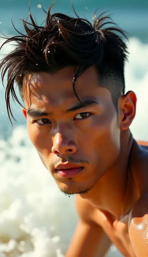 (photorealism:1.2), Handsome japanese man, 22-25 year-old, surfing, beach, undercut hairstyles , close up