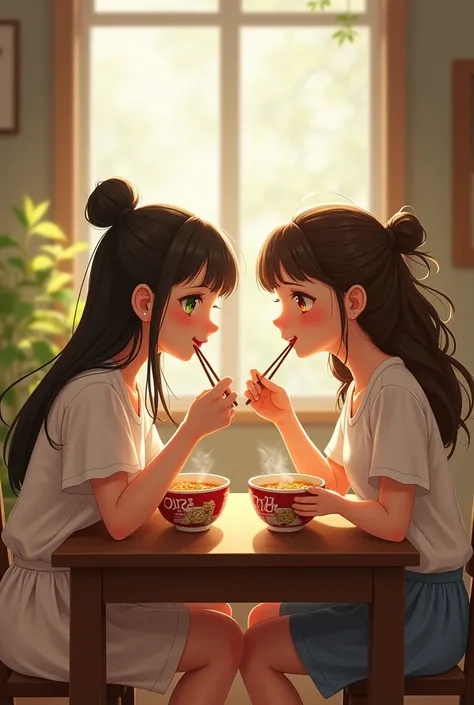  Two sisters eating instant soups with happy Chinese sticks, one with green eyes, the other with brown eyes, one with light feet and the other brown skin,both inviting them to eat 