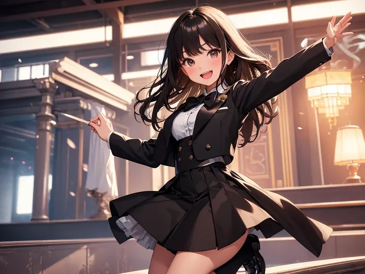 ((best quality)), ((masterpiece)), (detailed), 1girl, asian young woman, short bangs, brown hair, brown asian eyes, feminine, bowtie, black tuxedo jacket, black dress skirt, short white socks, fancy black shoe, jumping for joy, excited, very happy , hand i...