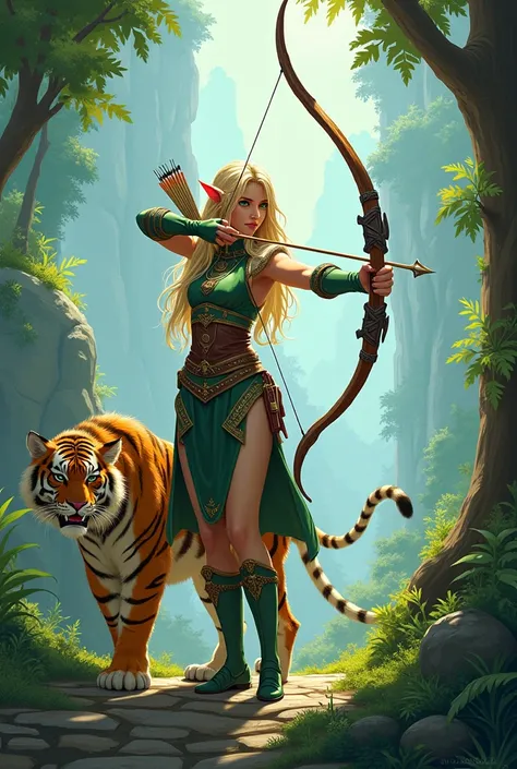 an elf, heroic fantasy,Blonde,bow,tigre,style manga,yeux verts