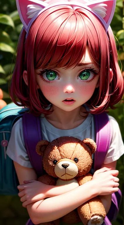 green eyes, annie ,  red hair ,  surprised ,   of brown skin ,  short hair , fake pink cat ears, flequillo largo, fire, teddy be...