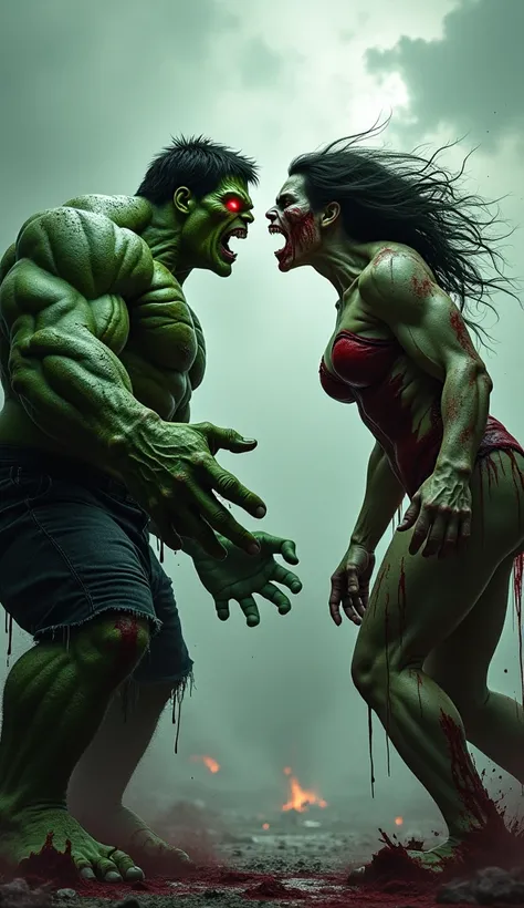 Red Hulk (Thunderbolt Ross) and She-Hulk (Jennifer Walters) facing each other in zombie style