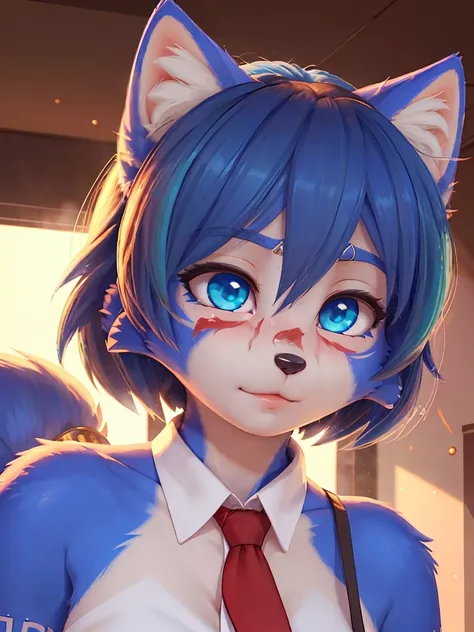 a picture of ((krystal)), Star Fox-Krystal, lovable, green eyes, ((( long blue hair 1 .3))), Decollete, anthro, Fuzzy,  detailed Fluffys fell,  detailed face , (Fluffy),  1 girl, Alone, masterpiece,  best quality, ( extremely detailed CG Unity 8k wallpaper...