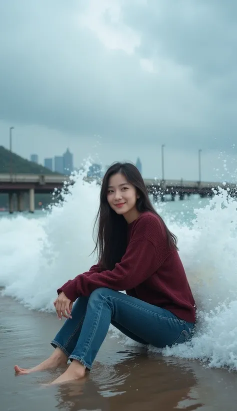 photo realisme 1.2 Professional photography potrait featuring a beauty koreaan woman with long dark hair , wearing a maroon sweater , long jeans, sitting leaning on the pier , half a foot deep in the water , he smiles sweetly towards the camera , a huge wa...