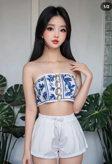 ((best resolution)), work of art, ((high quality:1.2)), 8k, extremely detailed, ((high detail:1.2), Solo, Korean Ulzzang female, (mini-shorts, strapless cropped top), (Beautiful and perfect face:1.23),