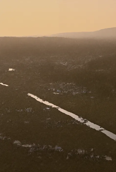  An aerial view at dawn of a vast medieval field ,  with distant hills and smoke rising on the horizon . in the center,  two armies are camped on opposite sides of a narrow river,  with flags and tents typical of the Middle Ages . The orange light of the r...