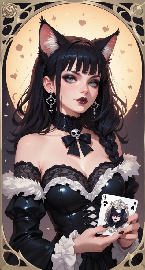 The image of a fluffy black cat in tarot cards gothic style